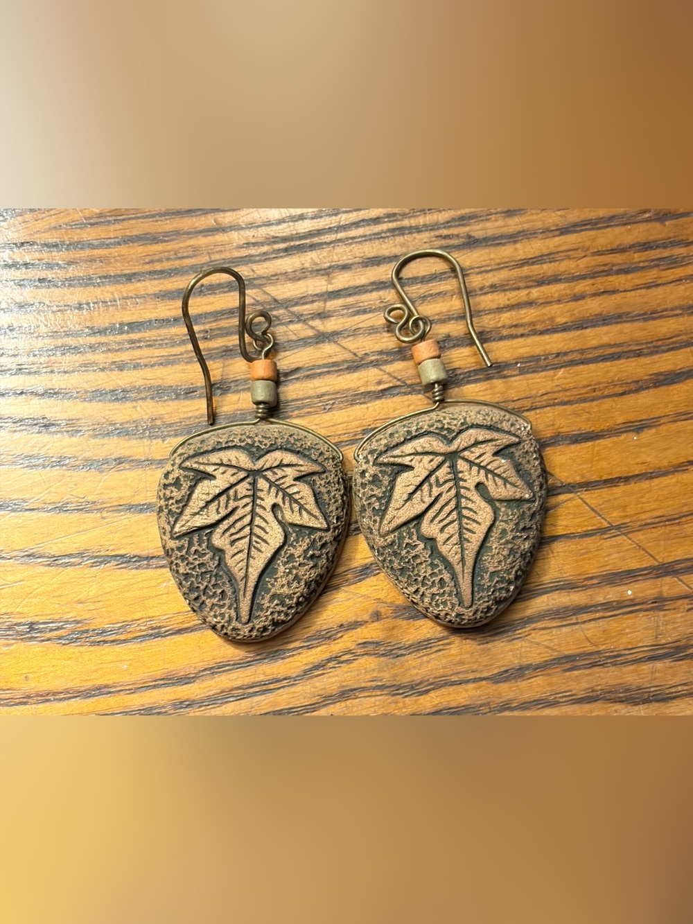 Leaf Motif Rustic Brown Drop Earrings